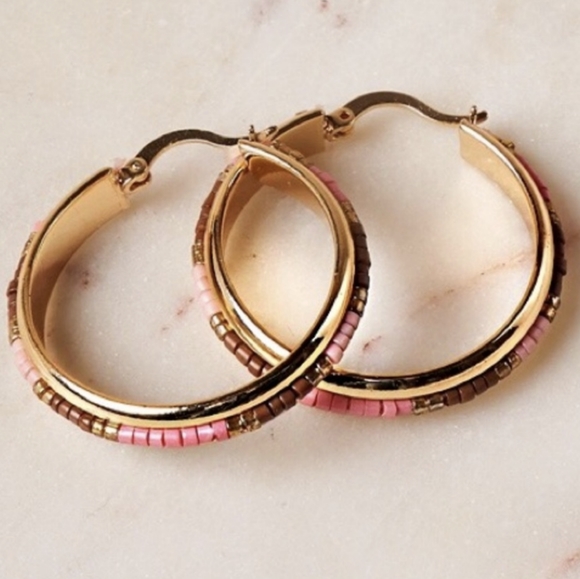 Pretty Gold Toned Boho Chic Pink and Brown Beaded Hoop Earrings - Picture 5 of 5